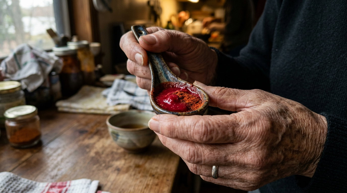 The red-colored 'Red Vitamin' mix held in a small spoon